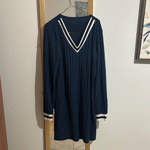 SHEIN Navy Blue Long Sleeve Dress with White Accents